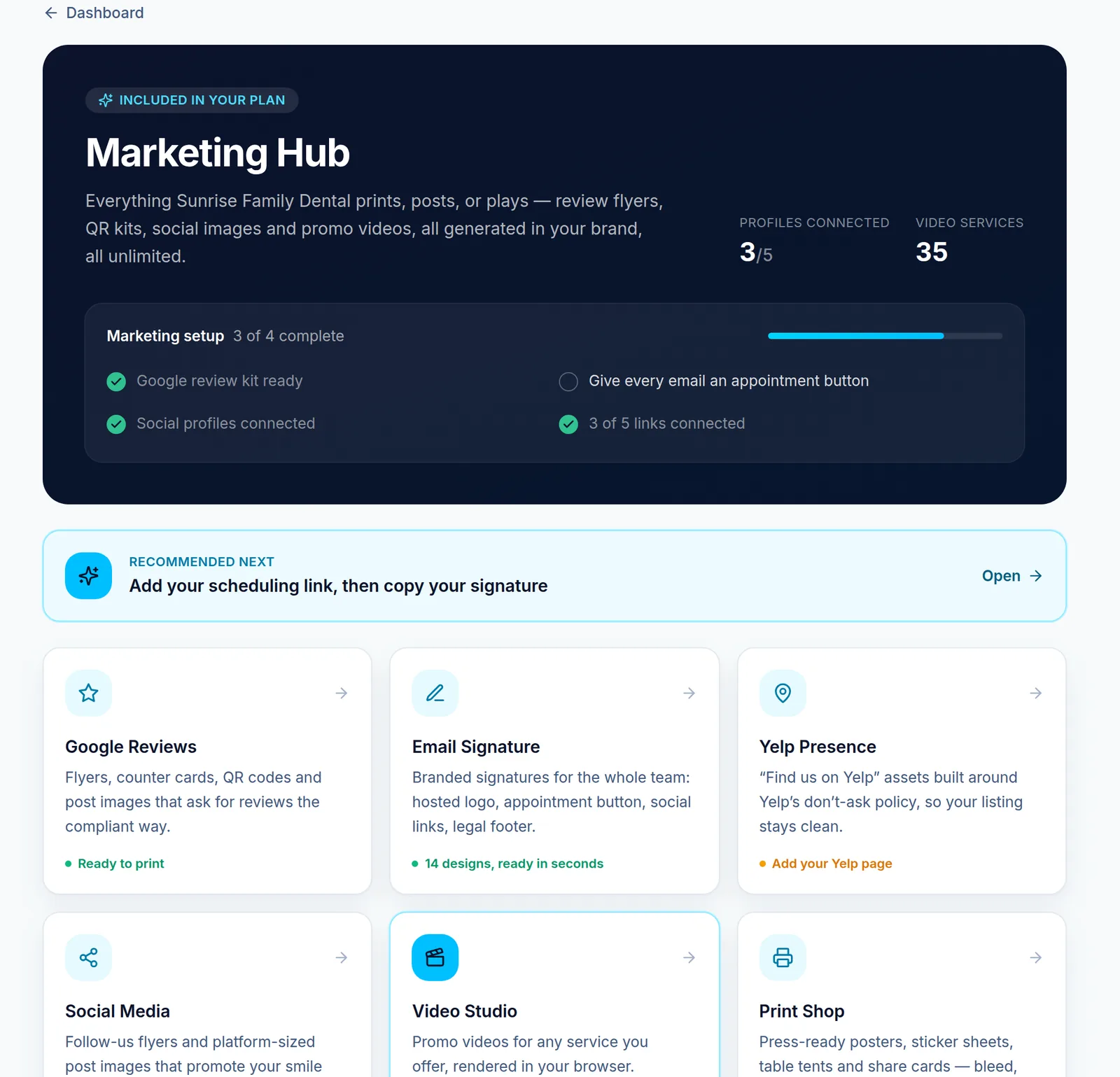 The Smyly Marketing Hub for a demo practice: setup progress, a recommended next step, and tool tiles from Google Reviews to the Playbook